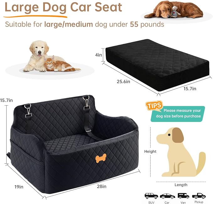 Car Seat for Large Size Dog, Booster Seat for Dogs Under 55 lbs or 2 Small Dogs, Soft Car Dog Bed Filling in Thick Memory Foam with 2 Safety Leashes and Storage Pocket (Black)