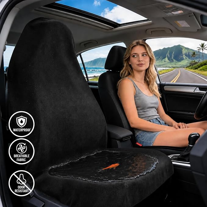 1PC Waterproof Towel Car Seat Cover - 525g Heavy Duty 3-Layer Microfiber Sweat Protector for Bucket Seats - Non-Slip Machine Washable Universal Fit for Gym, Yoga, Beach, Pets & Outdoors-Black