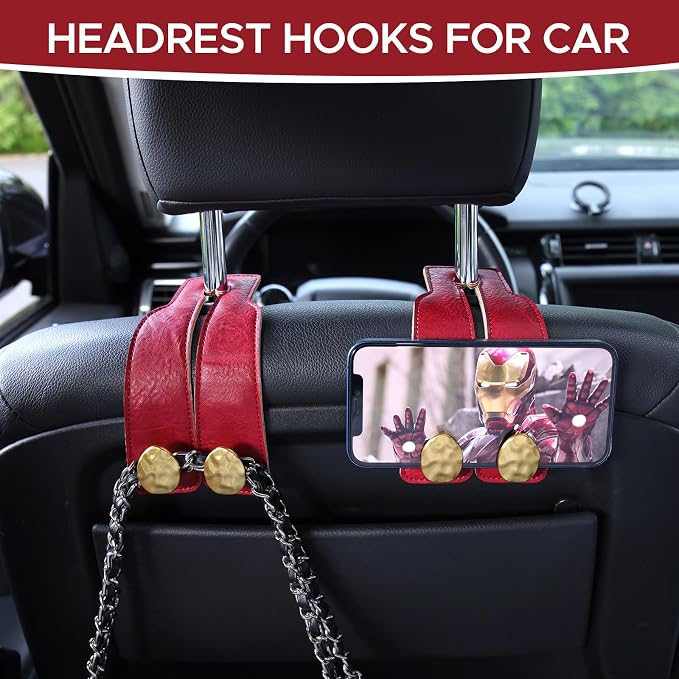 2PCS Leather Car Seat Hooks for Headrest, Vehicle Hanger Storage Organizer Universal for Handbag Purse, Car Accessories Gift (Red-Gold)