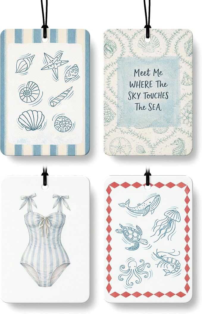 Blue Beach Car Air Freshener 4 Pcs Coconut Scented, Coastal Ocean Animal Bikini Car Accessories Mirror Decor for Women, Girly Beachy Hanging Air Freshener for Cars Closet Drawer Books