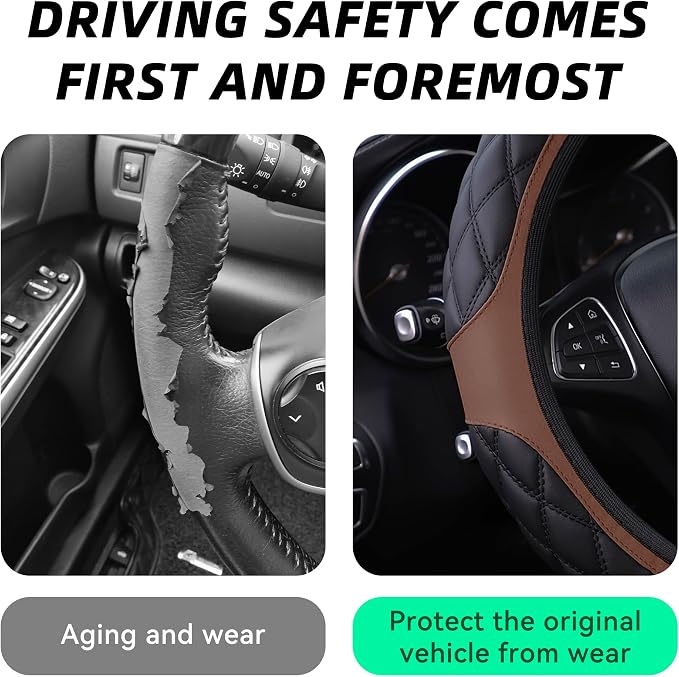 15 Inch Car Leather Steering Wheel Cover, Automotive Accessories Elastic Breathable Anti-Slip Soft Wheel Protector Fits Men and Women, Suitable for SUVs, Trucks, Vehicles and RVs (Brown)