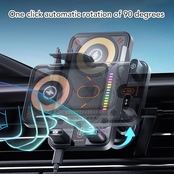 Wireless Car Charger,15W Fast Charging 90 Rotation Vent Clip Phone Mount