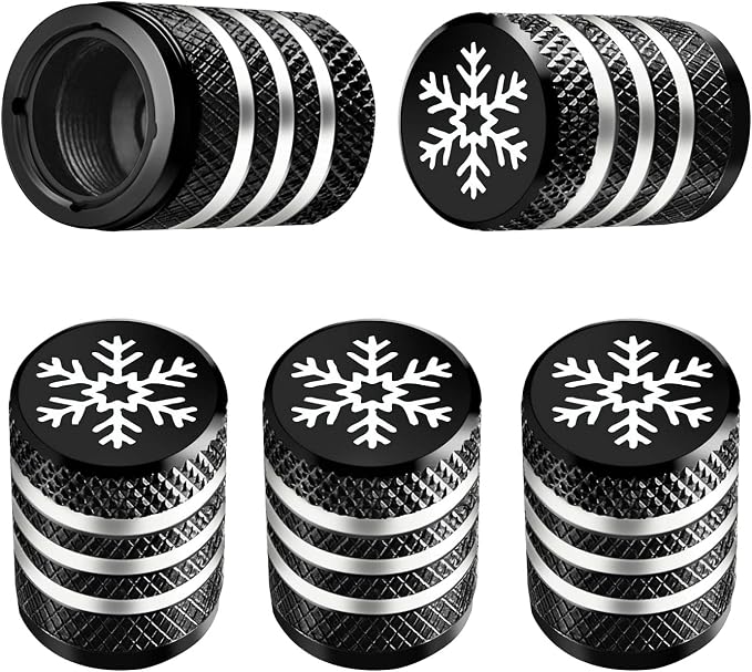 Tire Valve Stem Cap Cover - (5 Pack) Tire Air Caps Metal with Plastic Liner Corrosion Resistant Leak-Proof Snow Snowflake for Car Motorcycle Bike Black