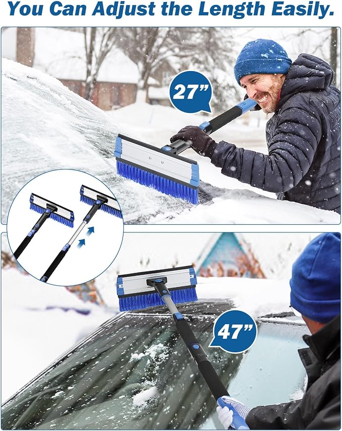 47.7″ Extendable Snow Brush and Ice Scraper, 270° Pivoting Snow Scraper Brush for Car Windshield, Telescoping Ice Scraper, Foam Grip, Heavy Duty Snow Remover for Cars, Trucks, SUV (Blue)