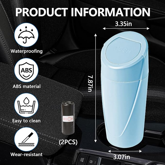 Mini Car Trash Can with Lid, Portable Garbage Can for Car, Leakproof Cup Holder Automotive Garbage Bin with 2 Rolls of Trash Bags, Small Trash Storage Can for Car Home Office(Light Blue)