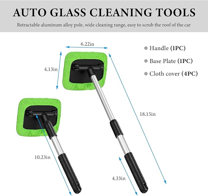 Car Windshield Cleaner Tool, Detachable Car Window Cleaner with Aluminum Extendable Handle & 2 Reusable Cloth Pads, Washable Vehicle Windshield Cleaning Wand for Exterior (Green)