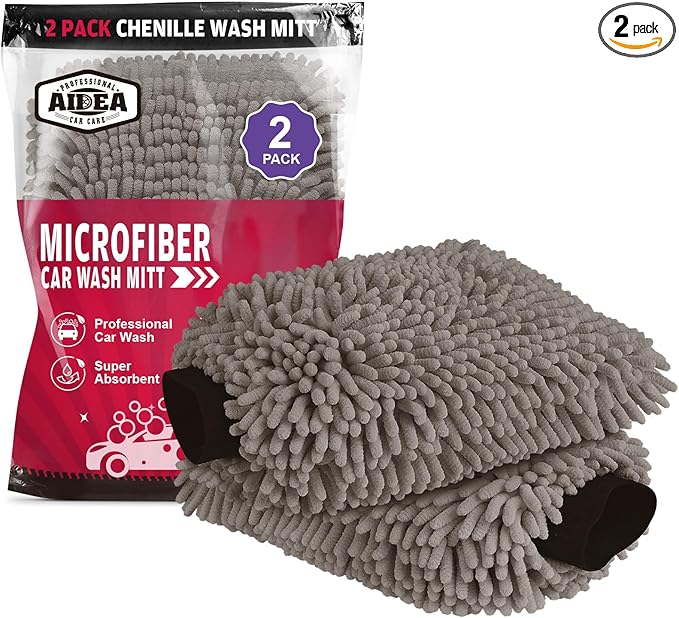 AIDEA Car Wash Mitt Microfiber, 2PK, Car Wash Brush, Grey, 7.12' X10.14'' | Scratch Free Lint Free Premium Chenille Microfiber Mitt, Cleaning Supplies, Regular Size
