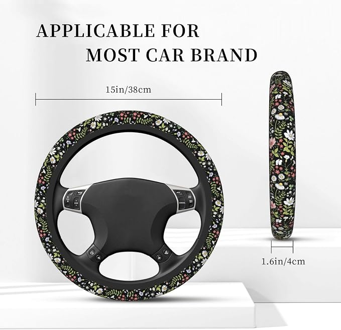 Garden Plants Floral Elastic Steering Wheel Cover, Non-Slip Breathable Neoprene Steering Wheel Covers, Women Car Accessories, Universal 15 Inch Fit Auto, Suvs, Truck