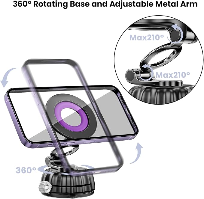 Stable Magnetic Vacuum Suction Cup Phone Holder for Car, Foldable Hands-Free Phone Mount for Dashboard and Windshield, Fit for iPhone & Android Phones, 360° Rotation, Convenient for Calls (Purple)