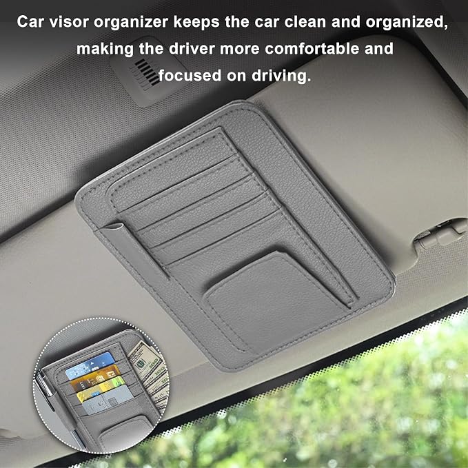 Small Leather Car Sun Visor Organizer, Multifunctional Auto Visor Document Holder with Sunglasses Clip, Universal Car Interior Organizer for Drving License, Card, Pen (Gray)