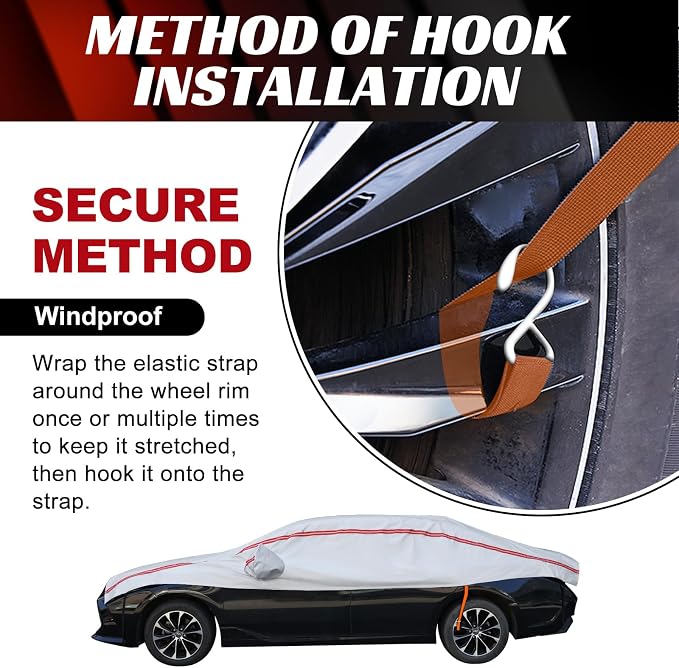 Half Car Cover for Snow, Car Roof Cover for All Weather Protection with Red Strip Design, Fit Small/Compact Sedan Such As Audi A4, Toyota Corolla