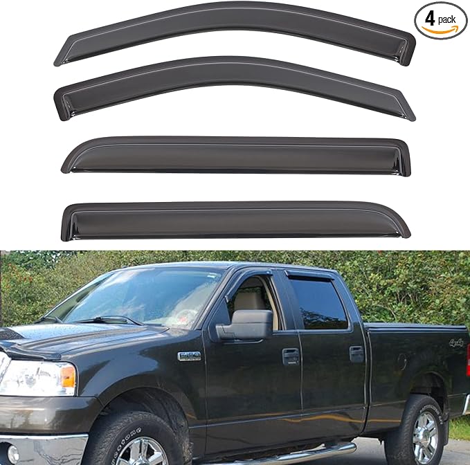 Set of 4 Front+Rear Smoke Sun/Rain Guard Outside Mount Tape-On Acrylic Window Visors Compatible with 06-08 Mark LT 04-08 F-150 Super Crew/Crew Cab with 4 Full Size Doors