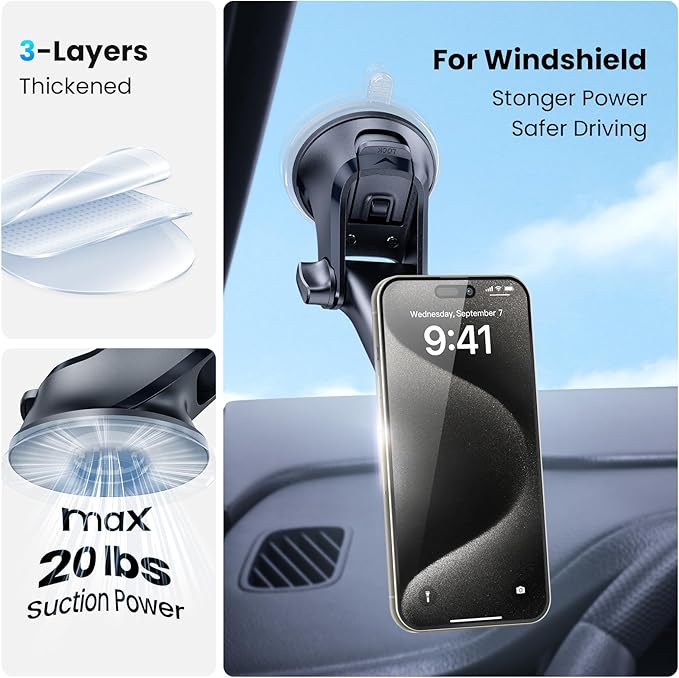 Magnetic Phone Mount for Car, Dashboard & Windshield Suction Cup Holder with Telescopic Arm, Requires Metal Plate for Proper Use, Fit for Android Smartphones(NOT for MagSafe)
