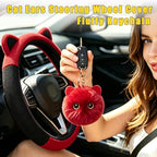 Steering Wheel Cover with Ears Keychain Fit 14-15 inch Black Red | Cute Car Steering Wheel Covers for Women Girls Elastic Breathable Steering Wheel Protector Accessories Universal Size