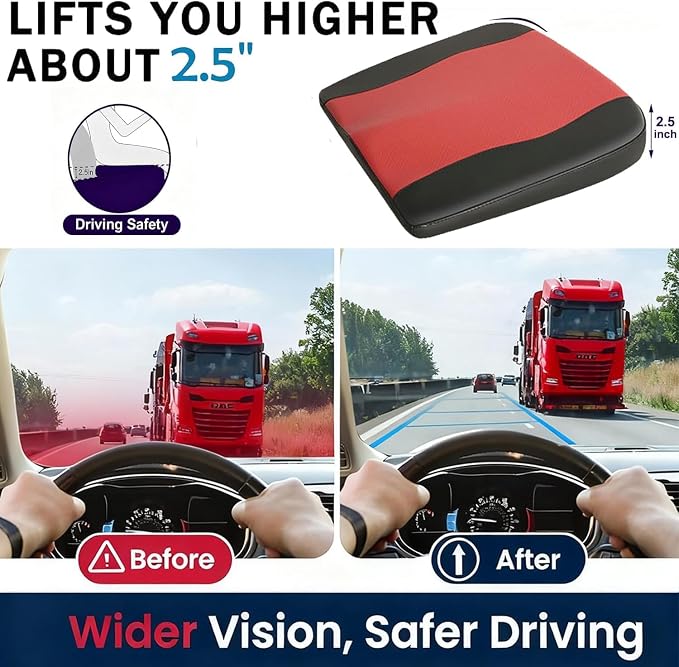 Comfort Memory Foam Car Seat Cushions For Driving,Red Booster Cushion Pad | Ergonomic Height Cushion, Sciatica & Lower Back Pain Relief Pillow, Comfort Seat Pad for Car Office Wheelchair Short People