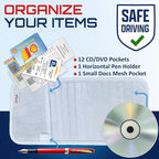 CD Case Holder for Car - Sun Visor Organizer for 12 CD’s/Dvd’s, 1 Mesh Pocket & 1 Horizontal Pen Holder - Safe, Ergonomic Design (WHite)