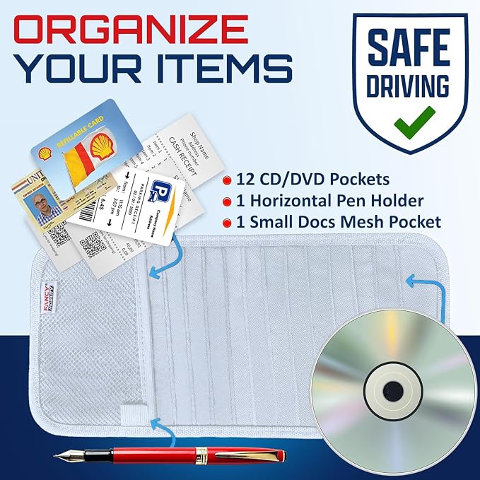 CD Case Holder for Car - Sun Visor Organizer for 12 CD’s/Dvd’s, 1 Mesh Pocket & 1 Horizontal Pen Holder - Safe, Ergonomic Design (WHite)