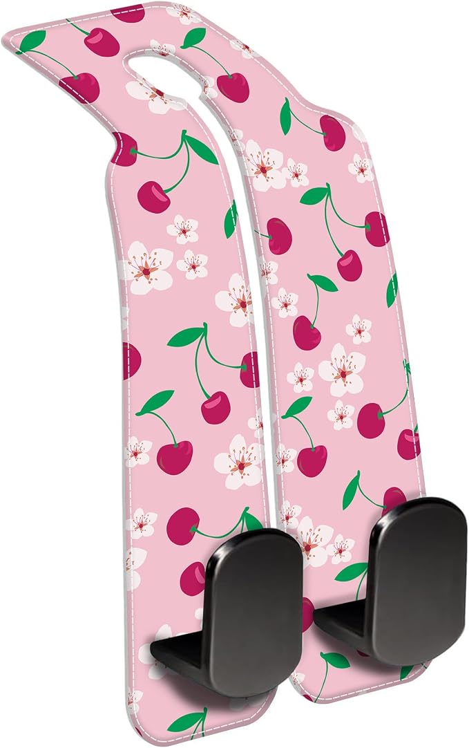 Car Headrest Purse Hanger Cute Floral and Pink Cherries 1 Pack Bag Purse Holder for Car Premium Leather Double Metal Hook for Handbags, Grocery Bags and Phones