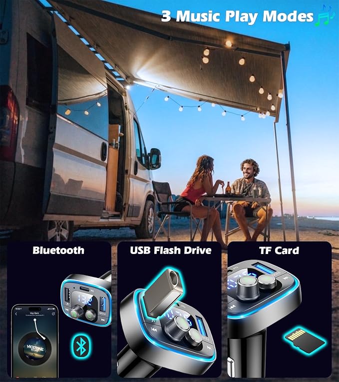 FM Transmitter for Car Bluetooth Adapter 5.4,48W PD+QC Fast Charging,Hands-Free Calling,Streams Spotify/Navigation/Music via Car Radio,Wireless Upgrade Non-Bluetooth Cars,USB-C,USB/TF,12V/24V