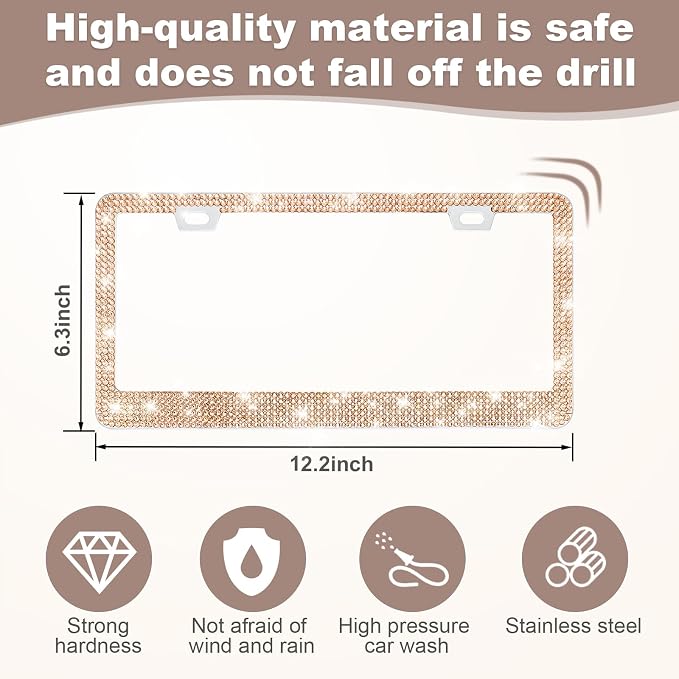 2 Pack Bling License Plate Frames for Women, Sparkly Rhinestone Diamond Car Accessories with Glitter Crystal Caps (Champagne)