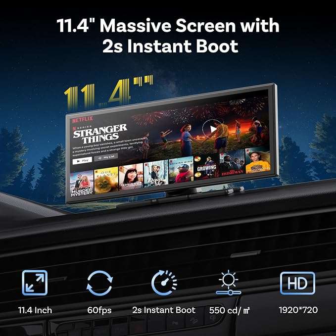 OTTOCAST ScreenFlow 11.4" Wireless Apple CarPlay & Android Auto Screen | Pre-installed Netflix/YouTube, HD Split-Screen, 1080P Backup Camera, Dual WiFi & Bluetooth | Universal for Car/SUV/Truck
