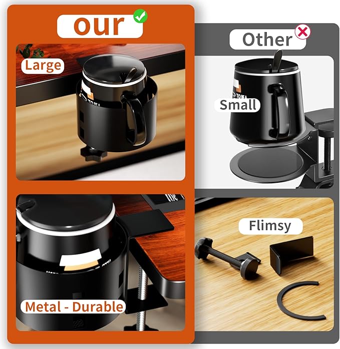 Upgraded Large Desk Cup Holder Clamp, Anti-Spill Table Cup Holder, Metal Office & PC Gaming Desk Accessories, Compatible with Universal Cup, Bottles, Pencil Holder (Black)