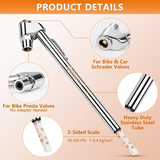 Presta Bike Tire Air Pressure Gauge Pencil 10-120 Psi for Schrader or Presta Valves Car Bicycle Or Motorcycle - 2 Pack