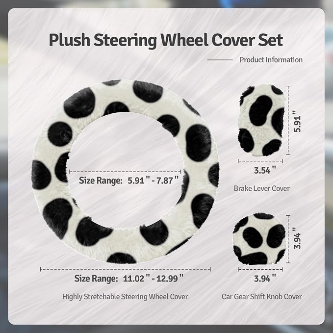 Fluffy Steering Wheel Cover 3PCS Set – Plush Fuzzy Fur Steering Wheel Cover with Gear Shift Cover & Handbrake Cover, Winter Warm Car Accessories, Car Interior Accessories for Women (Cows)