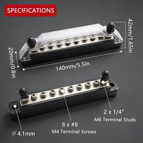 150A 12V Bus Bar Marine, 1/4" Power Distribution Block, Battery Buss Bar, Automotive Busbar Terminal Block for Car and Boat, 2 x 1/4" Studs, 8 x #8 Screws Terminals (Black+Red)