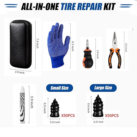 105PCS Tire Screw Plug Repair kit, Screw in Rubber Plugs No Tire Removal Flat Tire Fix Tool Set for Car Truck Motorcycle SUV ATV, Heavy Duty Emergency Tire Puncture Repair Kit with Pliers and Tools