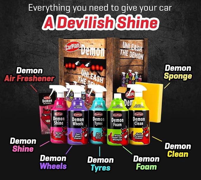 Demon Car Wash Kit - 7 Piece Set Includes Car Wash Soap, Wheel Cleaner, Tire Shine, Interior Cleaner, Demon Shine, Air Freshener & Sponge