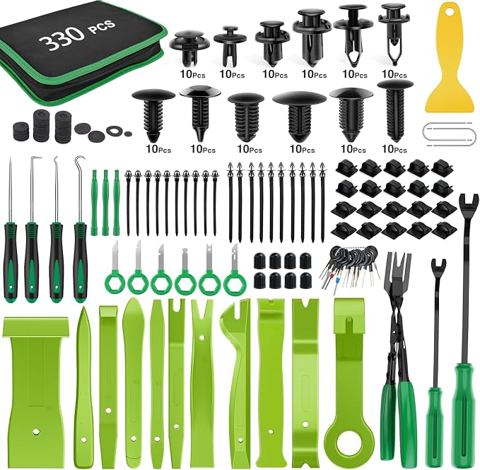 330Pcs Trim Removal Tool, Auto Push Pin Bumper Retainer Clip Set Fastener Terminal Remover Tool Adhesive Cable Clips Kit Car Panel Radio Removal Auto Clip Pliers, Green