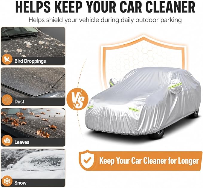 Heavy Duty Car Cover 189"×75"×59" Waterproof All-Weather Sedan Cover with Zipper Door+Windproof Straps，UV Snowproof Dustproof Fit for Toyota Corolla Honda Civic VW Jetta Kia Forte Elantra+More