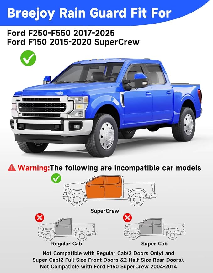in-Channel Window Rain Guard Fit for 2015-2020 Ford F150 SuperCrew & Ford F250-F550 2017-2026 Truck,Window Rain Guards Visors Vent Visors Window Deflector Vent Shades Car Accessories