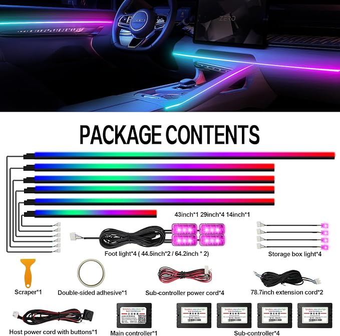 Dreamcolor Acrylic Interior Car LED Strip Light with Wireless APP Control, RGB 14-in-1 Ambient Lighting Kit with Music Sync, Dynamic Color Chasing Neon Light Kits for Car Interior