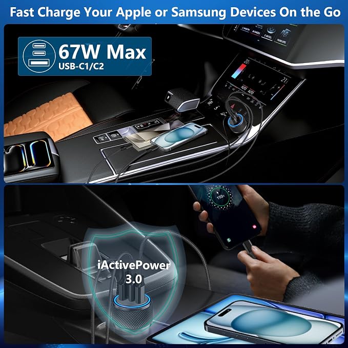 USB C Car Charger, 2Pack 3-Port 67W Dual PD USB-C&USB-A Car Power Cigarette Lighter USB Charger 3 in 1 PD/QC Type C Fast Car Charge for iPhone 17 17 Pro Max 16 15 14 13 12/Galaxy S26 S25/Pixel