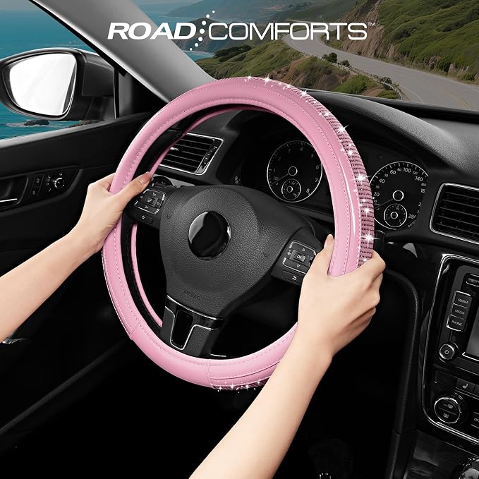 Bling Steering Wheel Cover – Pink Diamond Design, Universal Fit 14.5-15 Inch, Microfiber Leather, Anti-Slip & Breathable Design for Men and Women