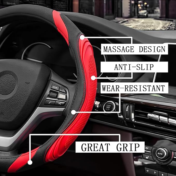 15 Inch Car Leather Steering Wheel Cover, Automotive Accessories Elastic Breathable Anti-Slip Soft Wheel Protector Fits Men and Women, Suitable for SUVs, Trucks, Vehicles and RVs (Red)
