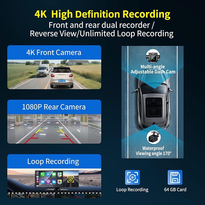 11.5 '' Wireless CarPlay Screen for Car, A-pple CarPlay & Android Auto HD Touchscreen with 4K Dash Cam/1080P Backup Camera/Navigation/Bluetooth/Voice Control/FM/Mirror Link,for All Vehicles