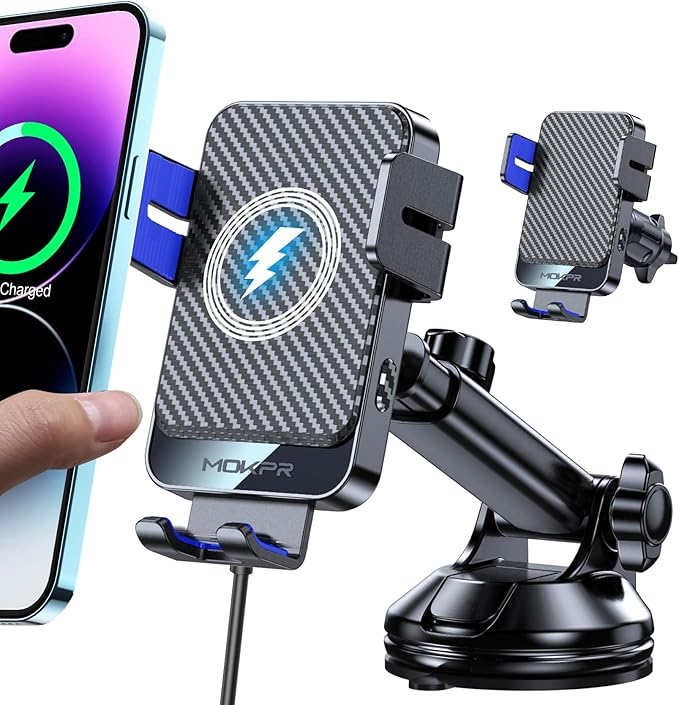 Wireless Car Charger, 15W Fast Charging Auto-Clamping Car Mount Hands-Free Car Charger Mount for Dash Windshield Air Vent Compatible with iPhone 16 15/14/13/12, Samsung S23/S22/S21,Blue