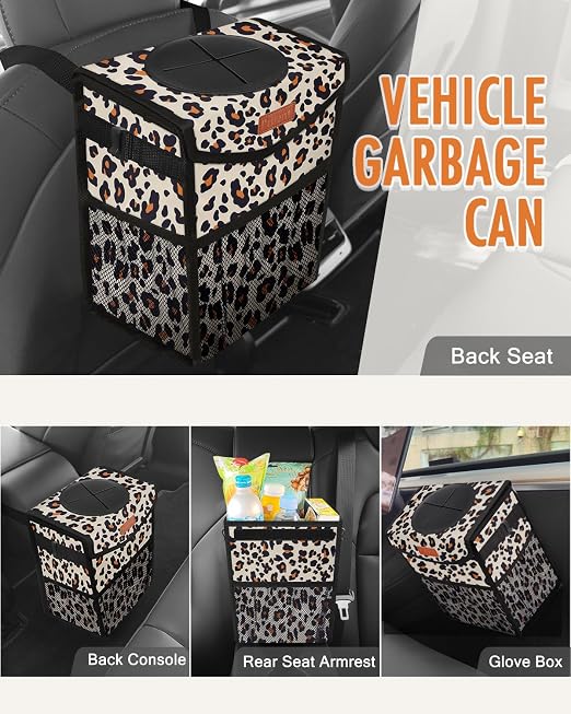 Car Trash Can with Lid, Cute Leakproof Car Trash Garbage Bag Hanging Vehicle Trash Bin Small Portable Automotive Garbage Cans Organizer for Back/Front Seat/Console(2.8 gal,Leopard