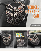 Car Trash Can with Lid, Cute Leakproof Car Trash Garbage Bag Hanging Vehicle Trash Bin Small Portable Automotive Garbage Cans Organizer for Back/Front Seat(Trapezoid,Leopard