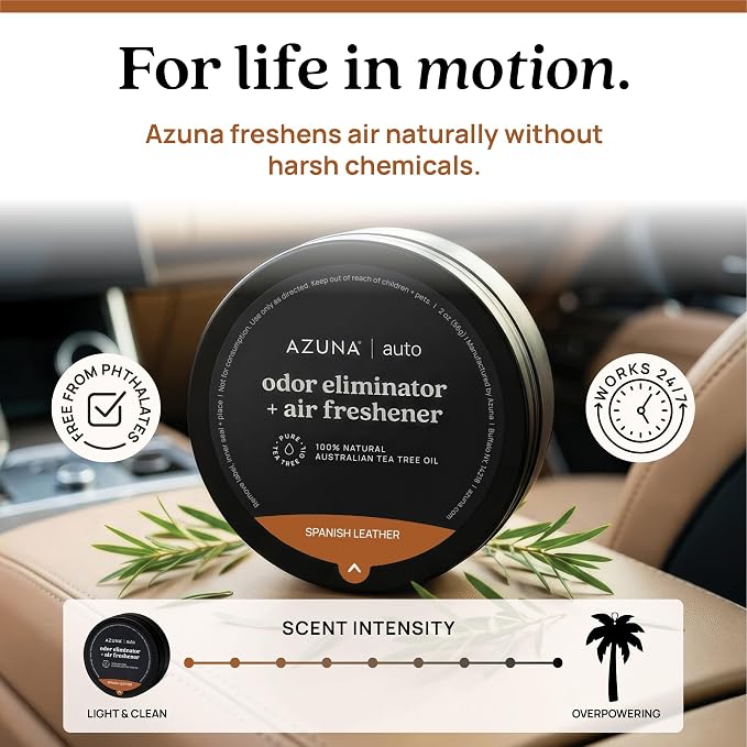 Car Air Freshener & Auto Odor Eliminator Pods Trio | Spanish Leather | Plant Powered by 100% Australian Tea Tree Oil | Long Lasting and No harsh chemicals | Made in USA | 3 Pack of 2oz Pods