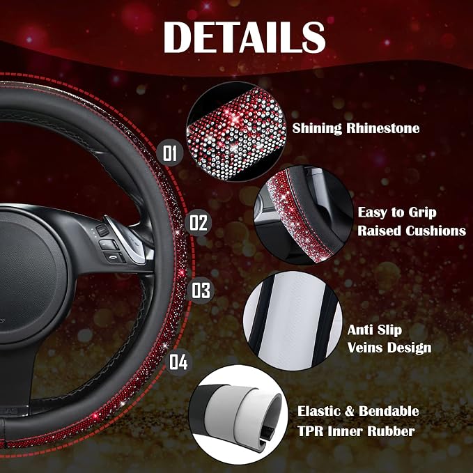 Bling Diamond Leather Steering Wheel Cover, Bling Sparkly Crystal Glitter Rhinestones Universal Fit 14" 1/2-15" Car Wheel Protector for Women Girl Fit Suvs,Vans,Sedans,Trucks, Red Silver