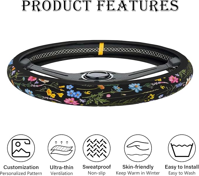 Wildflower Car Steering Wheel Cover, Flower Car Accessory for Diverse Cars, Cute Floral Print Steering Wheel Cover Protector for Women, for Steering Wheel with a Diameter of 14.5"-15" (Wildflower)