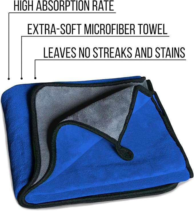 Extra Large Car Drying Towel 40"x24", 800 GSM Car Towel (Blue) | XL Professional Super Absorbent Drying Towels Car Detailing, Premium Microfiber Drying Towels for Cars, Double-Sided