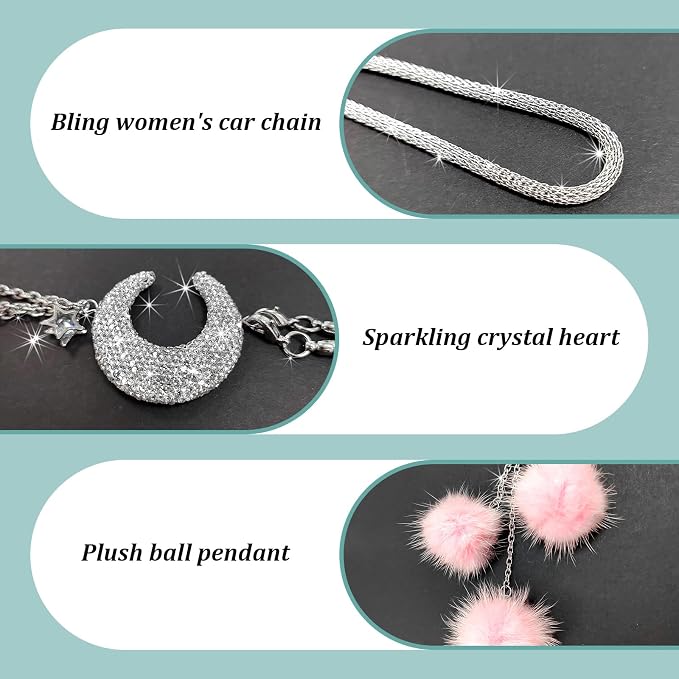 Bling Diamond Heart Car Interior Accessories, Car Mirror Hanging Ornament for Women, Love Heart & Pink Plush Ball Decor Ornament Pendant (Moon/Pink)