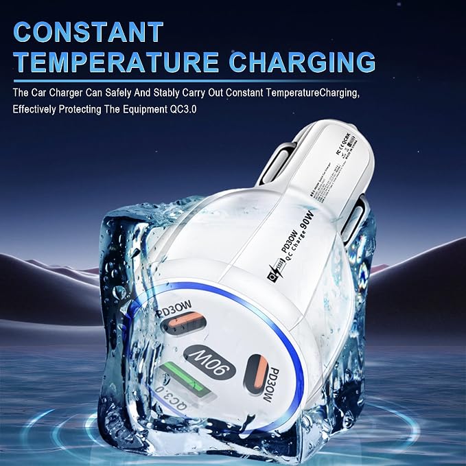 Car Charger Adapter, 3 Port USB-C & USB-A 90W Fast Charger, Car Interior Accessories, Essential Travel Gifts for Men and Women, Fit for iPhone 17/16/15/14/13Pro Max, Samsung, Android (White 2pc)