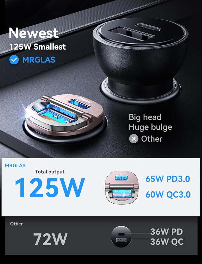 125W USB C Car Charger, [Mini & Metal] USB C Car Charger Adapter Fast Charging PD65W & QC60W Dual Port Type C Car Cigarette Lighter USB Charger for iPhone 16 15 14 Pro Max S25 MacBook-Pink
