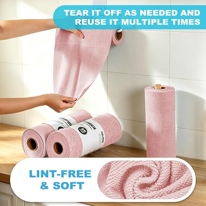 55 Pack Microfiber Cleaning Cloth Roll, Tear Away Reusable Paper Towels, 11" X 9", Ultra Absorbent & Lint Free Microfiber Cloth for Cleaning Cars, Kitchen, Window, Home and Shop, Pink
